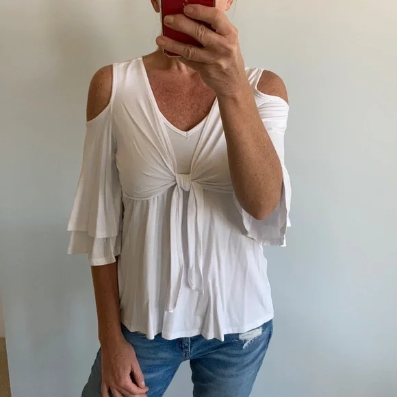 White Cold Shoulder Tie Front Top - Picture 3 of 14